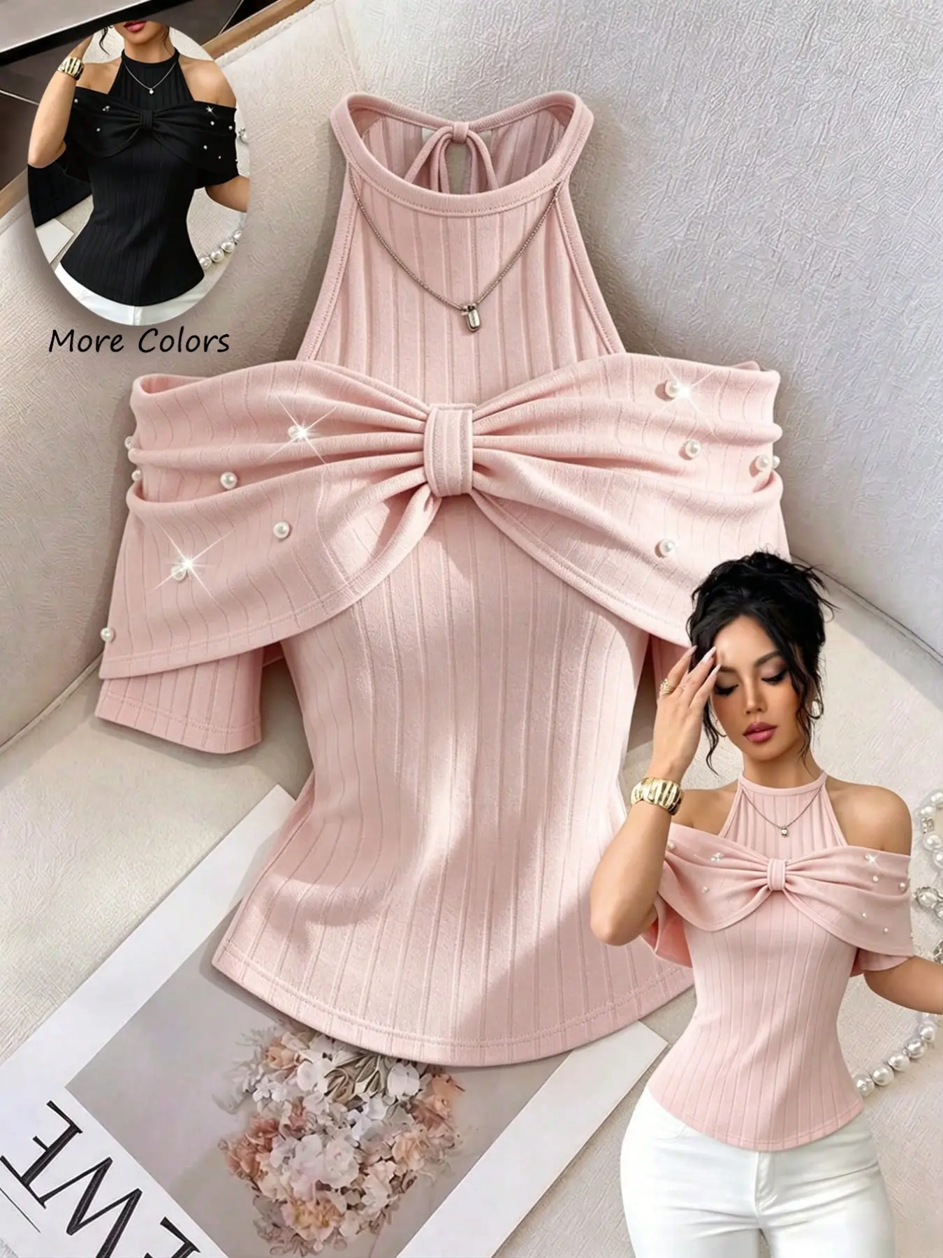Sexy Chic Halter One-Shoulder Knit Top Blouse, 3D Large Bow Pearl Decoration, Vertical Stripe Slim Fit Short Sleeve, Soft Date Atmosphere Shirt