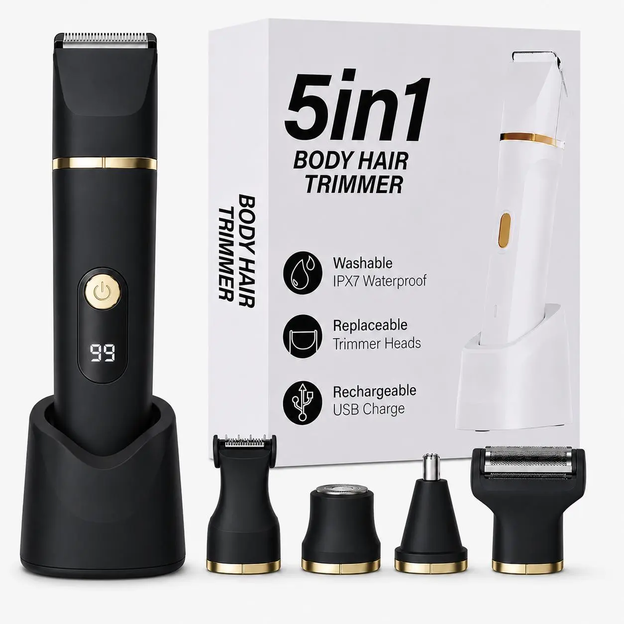 Men's 5-in-1 body Grooming Kit with Ceramic Blades for Groin & Sensitive Areas, Waterproof Electric Hair Trimmer with LED Display for a Smooth Trim full body hair removal  set，tiktokshopbacktoschool