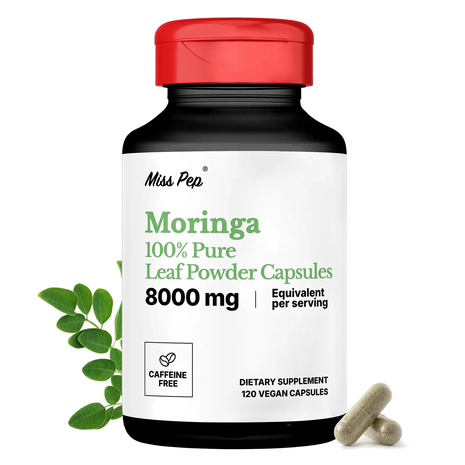 Misspep Moringa Capsules - 8000mg Pure Moringa Powder Supplement for Immune & Gut Health, 120 Capsules with Magnesium