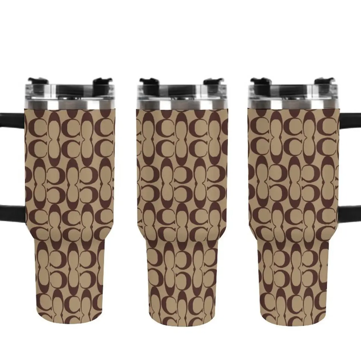 40oz Classic C Monogram Print 40oz Tumbler with Straw - Luxury Inspired Signature C Print Insulated Cup, Beige Brown Designer Inspired Leakproof Stainless Steel Travel Mug, Neutral Aesthetic Travel Mug, Perfect for Gifts & Daily Use