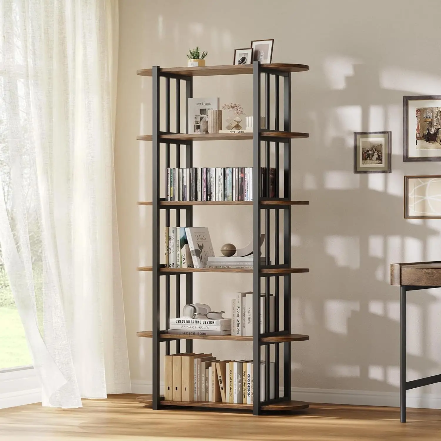 Garvee Bookshelf, 6 Tier Bookshelves, Bookcase Shelf Storage Organizer for Garage Kit, CDs, Movies, Industrial Free Standing Storage Shelving Unit for Bedroom Home Office Kitchen Living Room, Vintage