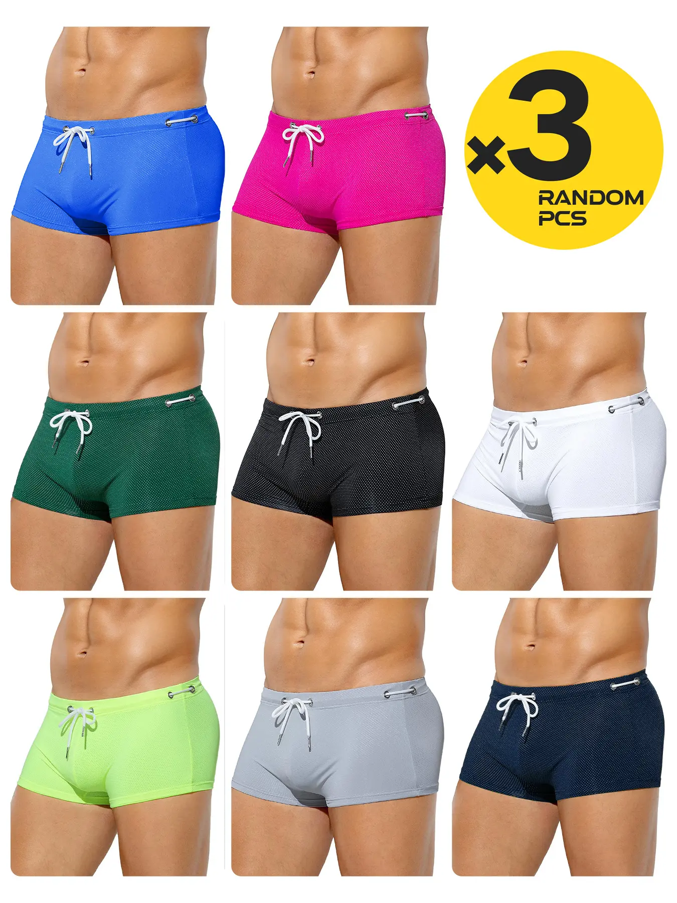 3 Pack Random Solid Color Men's Mesh Boxer Swim Trunks, Quick Dry Adjustable Front Drawstring Contour Pouch Swim Shorts For Pool Surfing Beach Vacation Water Sports Summer Swim Bottoms