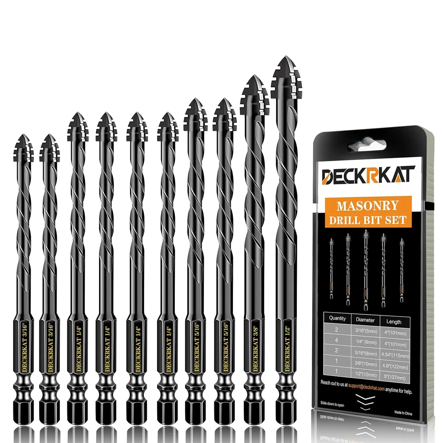 Black 4-Flute Serrated Masonry Bit Set - 10-Piece Set (3/16" to 1/2") for Concrete, Tile,, Brick,,