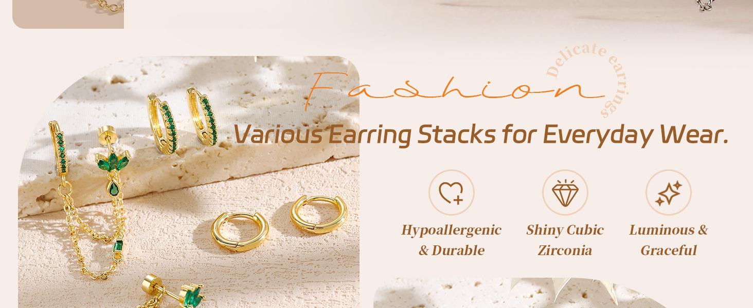 BASIC SUPPLY 6PCS Earring Stacks Cartilage Chain Helix Piercing Sets For Women Flat Back Multiple Piercing Dangle Huggie Hoop Stackable Jewelry