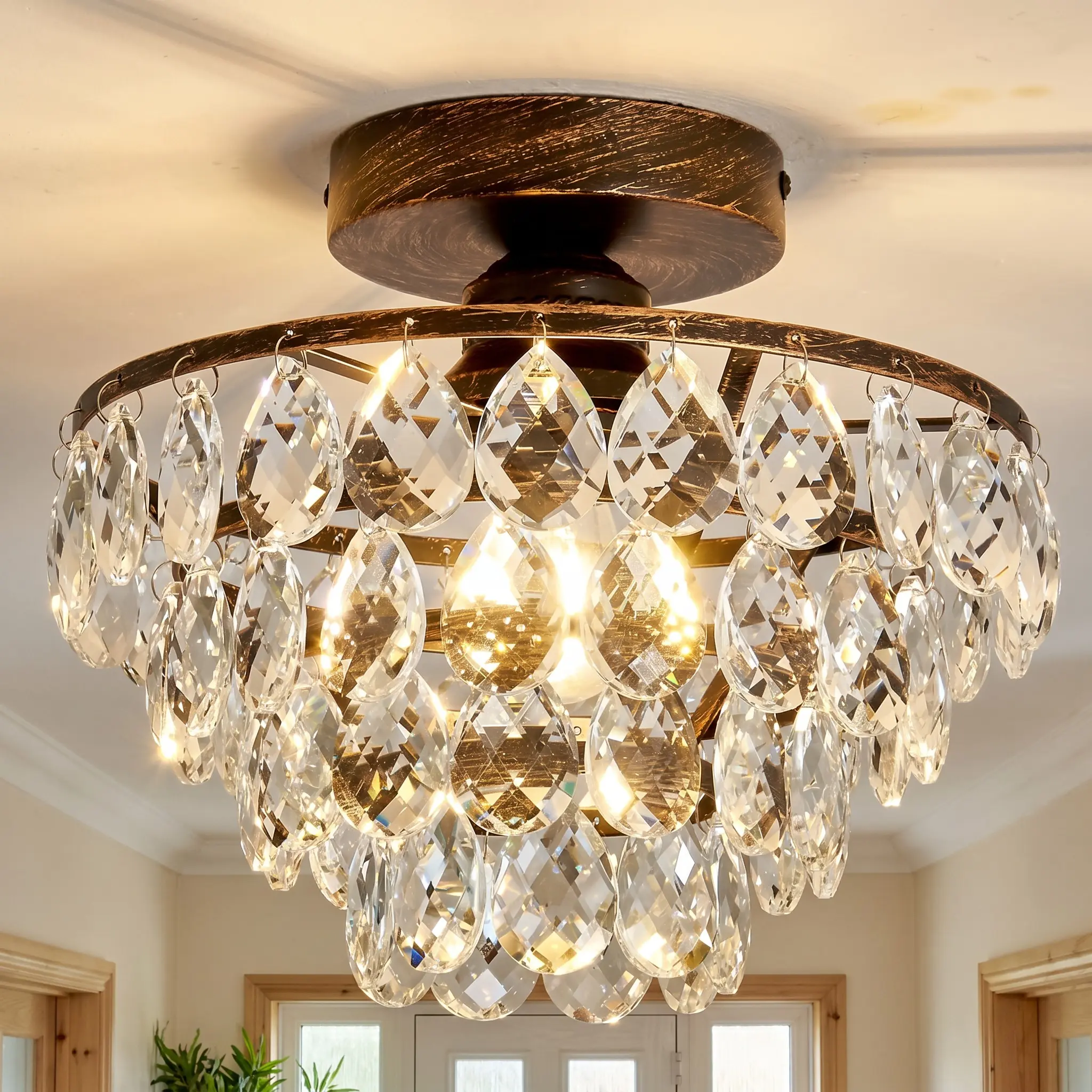Modern Round Ceiling Light, Ceiling Lamp, 10-Inch Small Brushed Black Crystal Chandelier, Flush Mount E27 Socket for Living Room Dining Room Bedroom Kitchen Foyer Lobby Entryway, Bulbs Not Included