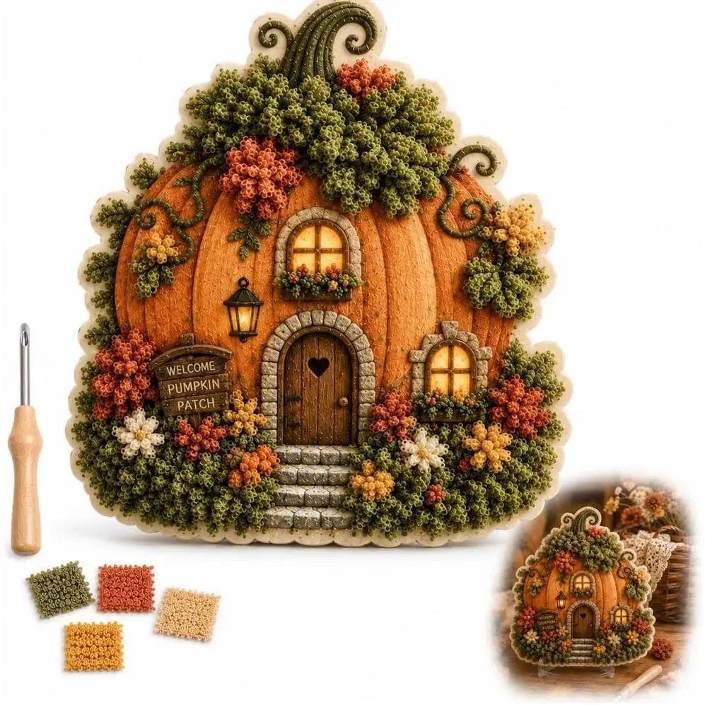 Whimsical Village 3D Fabric Poke Art Kit, Floral Mushroom Cottage |   Creative Craft Set, Flowers Activity Summer Gift Home Decor Craft for Adult Beginner Handmade Hobby Gift(Pumpkin Patch)