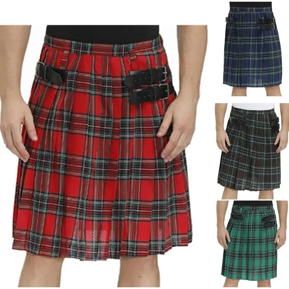 Scottish Mens Traditional Kilt With Bilateral Belt Highland Tartan Pleated Male Kilt
