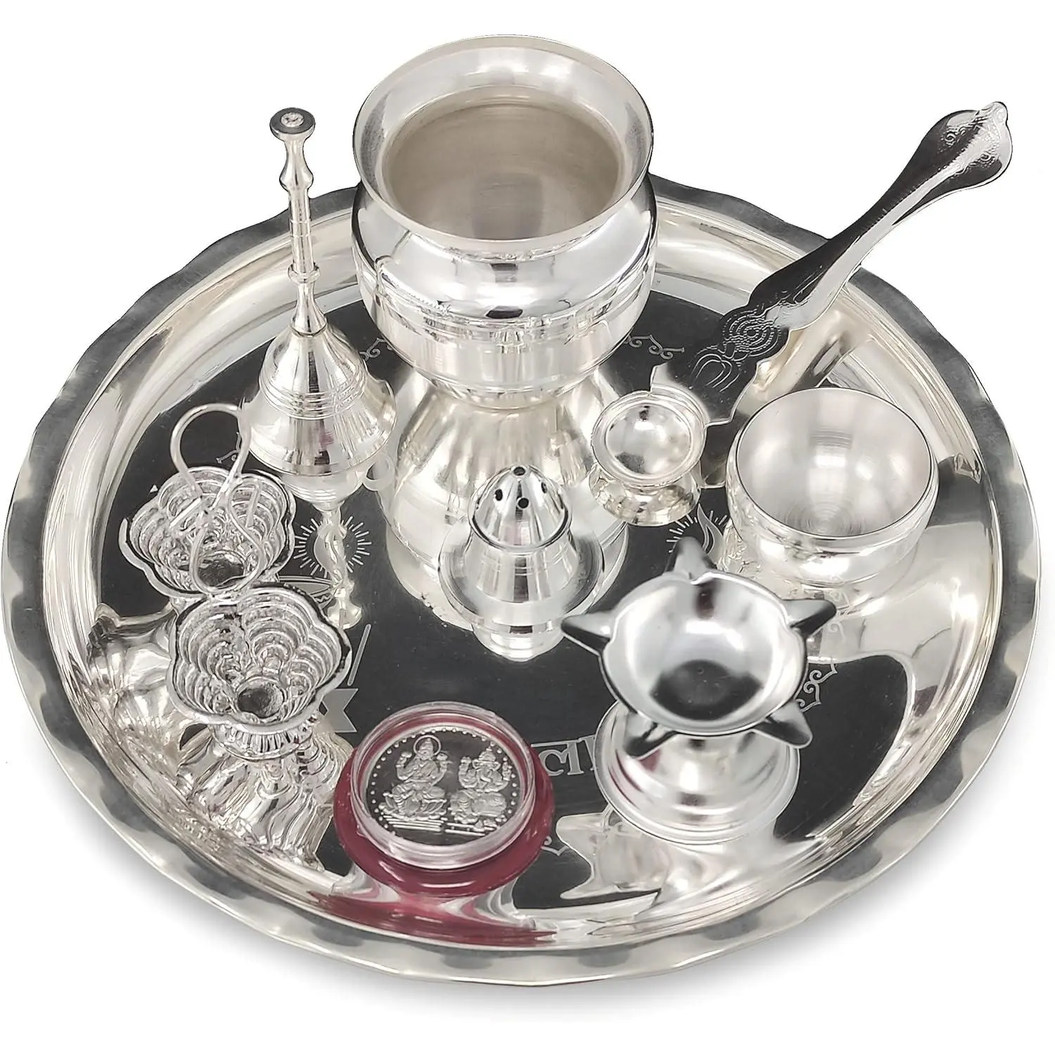 Silver Plated 8 Inch Puja Thali Set with Complete Pooja Items Including Plate Ghanti Bowl Spoon Coin Diya Kumkum Stand for Home Mandir Office Wedding Return Diwali Gift