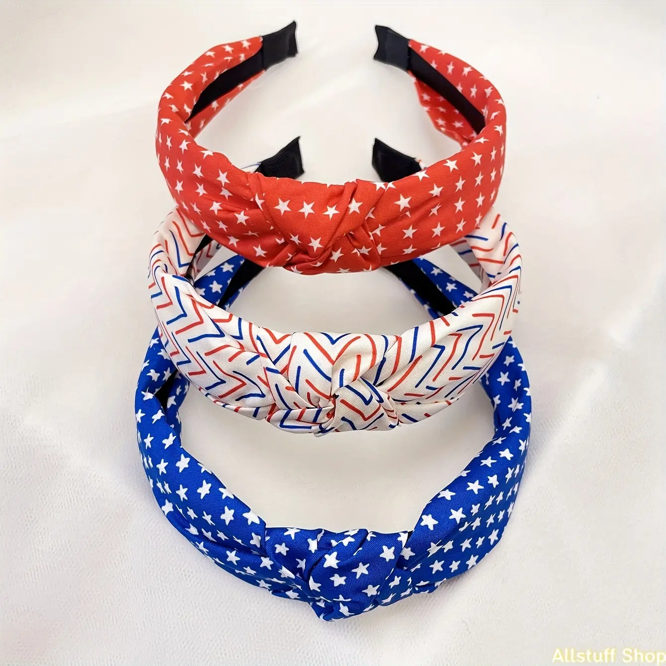 Women's Headbands 3-Piece Set, Wide Star-Spangled Fabric Hair Accessories in Red, White, and Blue for 4th of July & Daily Wear