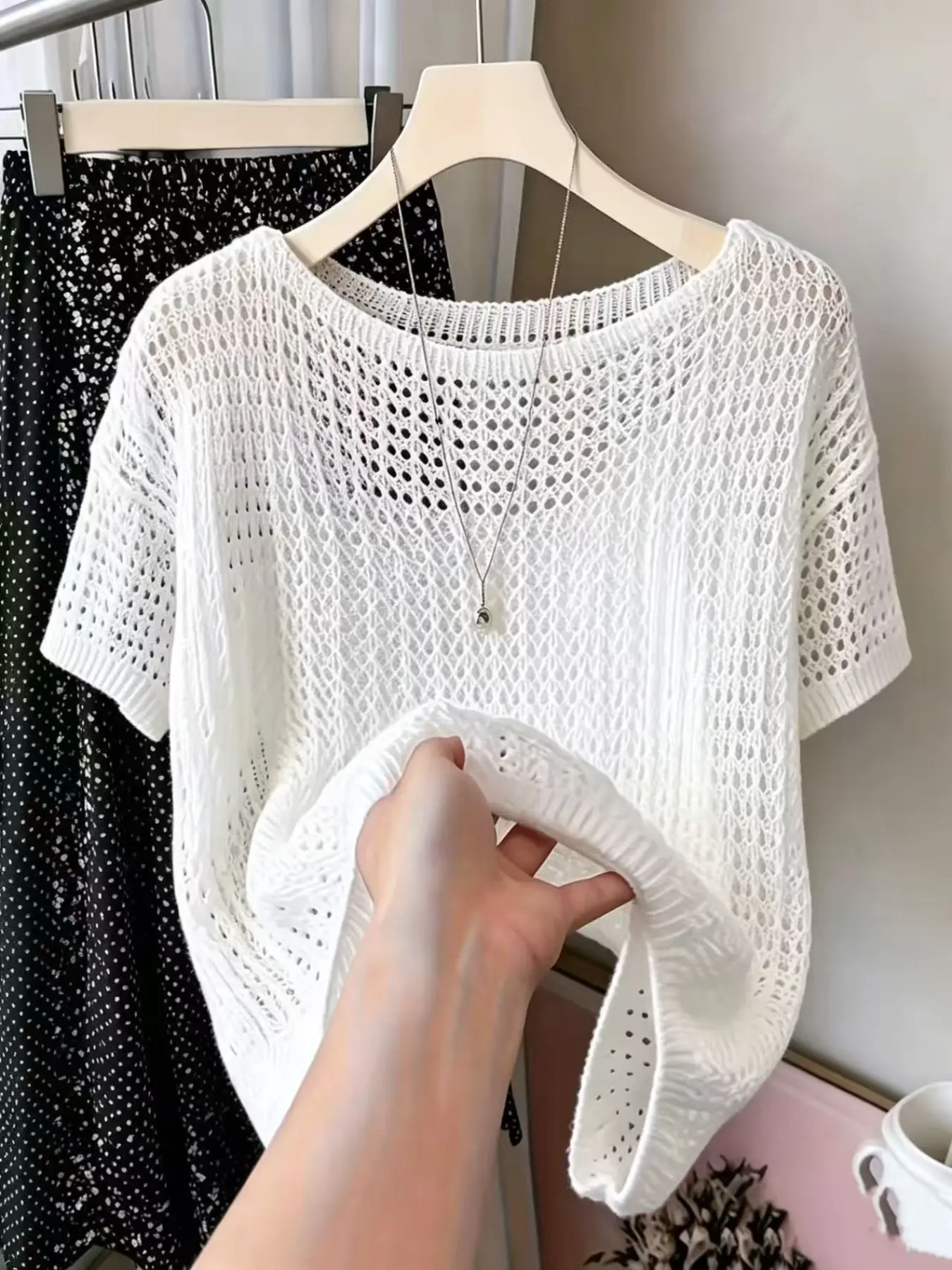 Loose Hollow Out Mesh Knit Short Sleeve Top, Lazy Thin Transparent Summer Sun Protection, Cover-Up Shirt for Women