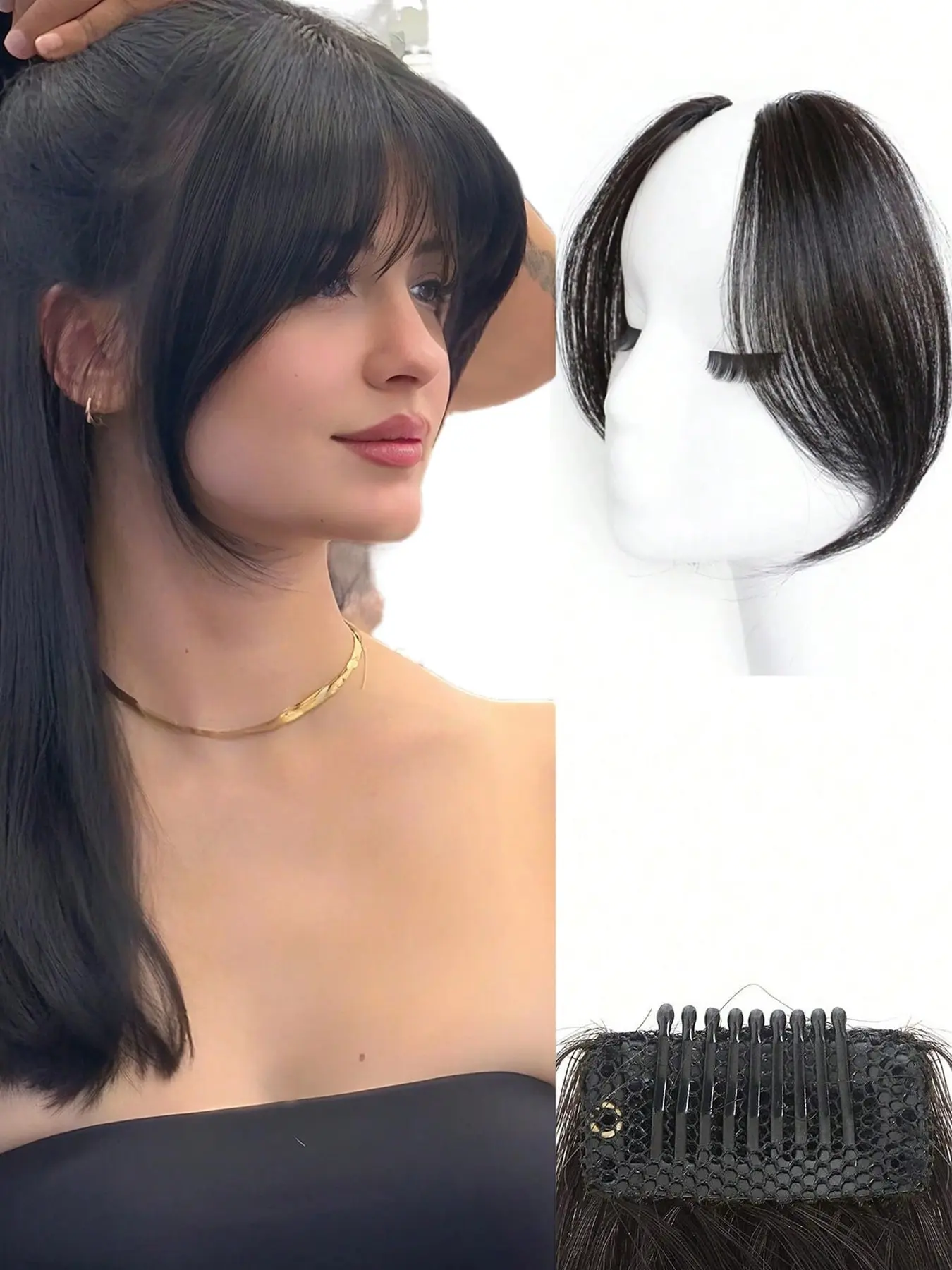 Synthetic Fiber French Bangs Wave Parting Side Curtain, 2-Piece Clip-On Bangs Hairpiece, Invisible Bb Clips, Multi-Functional Air Bangs Accessory, False Bangs