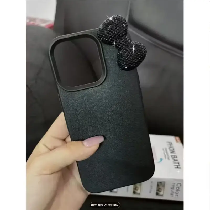 Girls' Black Rhinestone Bow Cellphone Protective Case Mobile Phone Casing For iPhone 17 16 15 14 13 12 Pro Max Full-Coverage Alligator-Textured Case Bling Cover Protective Smartphone Cover