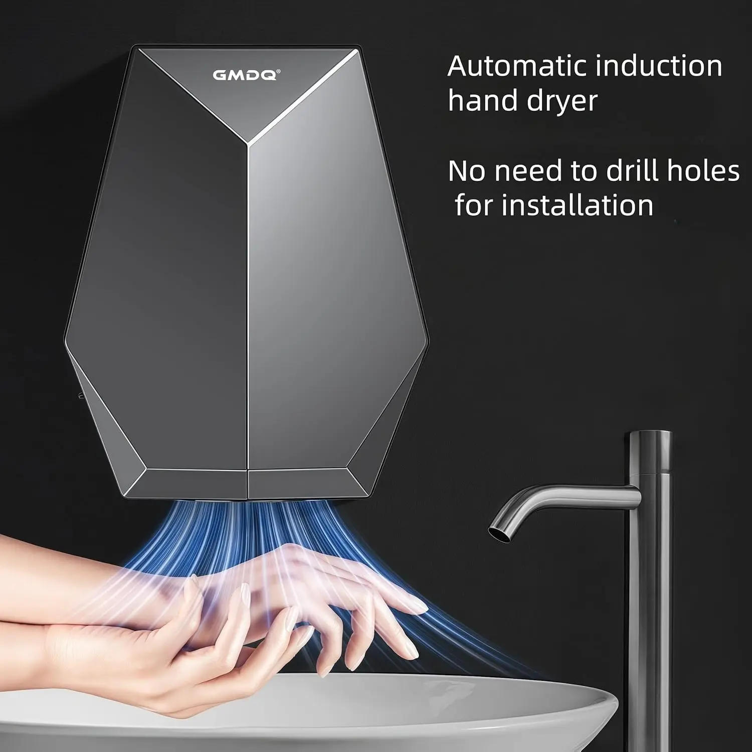 1600W Powerful Hand Dryer, Wall-Mounted Quiet Bathroom Dryer with No-Drill Installation, Compact Automatic Sensor Dryer for Home, Kitchen, Hotel(Black and White) (Black)