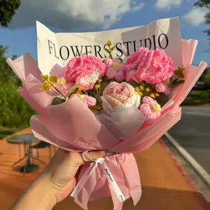 Handmade Crochet Carnations & Roses Bouquet with Gift Bag, Artificial Bouquets Mixed Flower, Perfect Gift for Mom, Women, Birthday, Teacher's Day, Christmas, Home Decor, Adorable Stuffed Bouquet