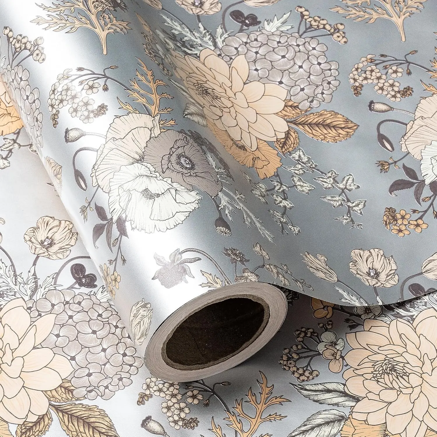 WRAPAHOLIC Pearl Silver Floral Wrapping Paper Roll, Reversible Vintage Flower Gift Wrap for Wedding, Birthday, Bridal Shower & Baby Shower, 17 Inch X 33 Feet