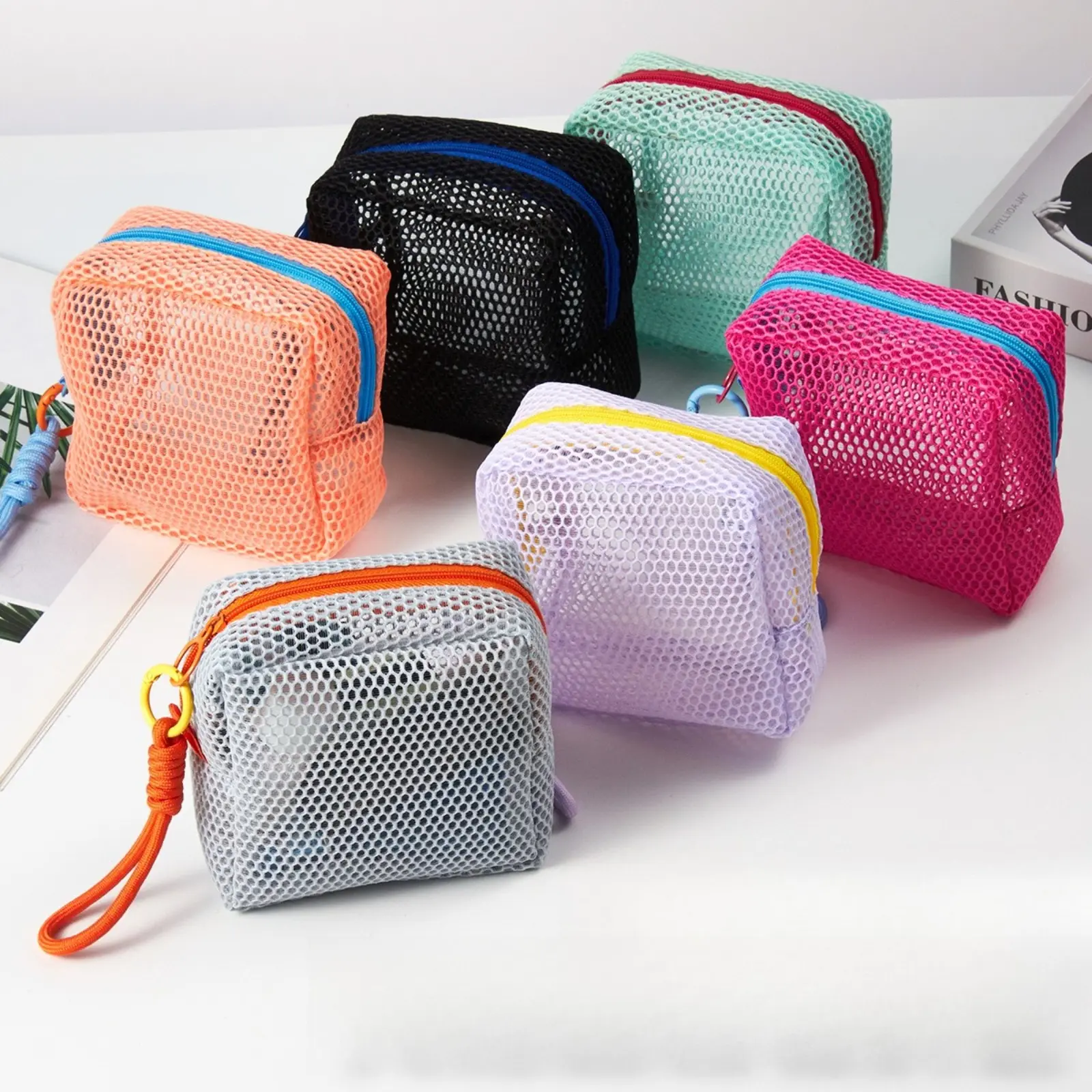 Mesh Storage Bag Small, Hot Selling Breathable Zipper Mesh Pouch, Compact Square See-through Mesh Organizer, Portable Toiletry Earphone Cosmetic Small Stuff Carry Bag, Lightweight Quick Dry Hanging Lanyard Design Multifunctional Mini Mesh Case, Travel Gym