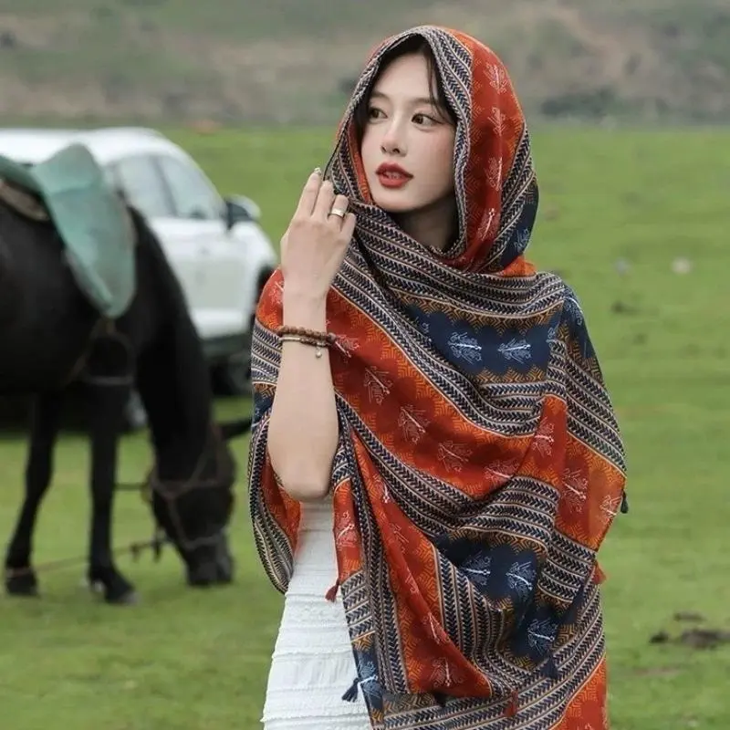 Women's Ethnic Print Convertible Wrap-Style Travel Shawl, Lightweight UV-Protection Travel Wear, Seamless Edges Bag Accessory, Ideal for Northwest Desert & Grassland Trips
