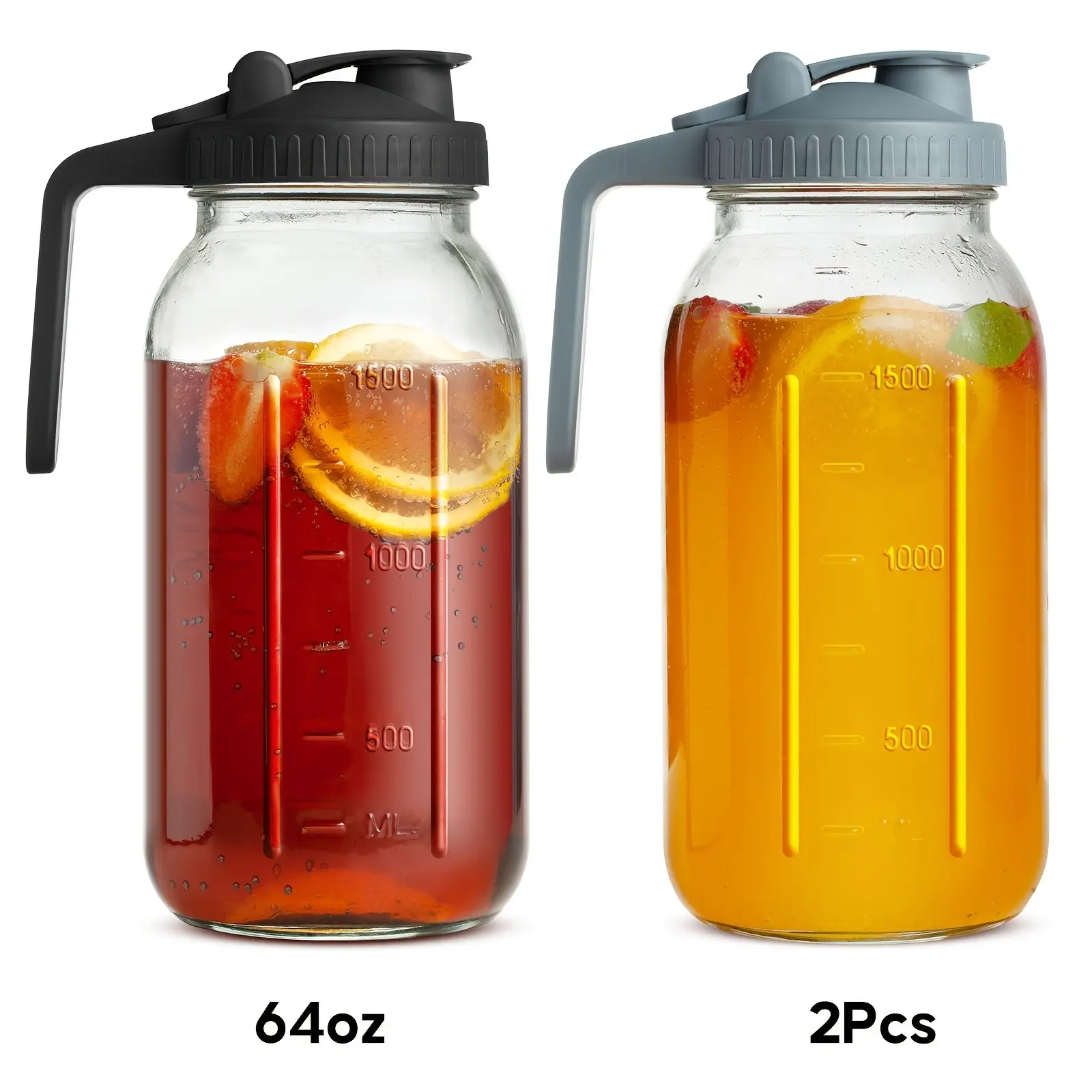 2 Pack 64OZ Mason Jar Pitcher, Double Leak Proof Breast Milk Pitcher with Pour Spout & Handle, Wide Mouth Fridge Safe Iced Tea Pitcher, Ideal for Coffee Creamer, Sun Tea, Juice Storage