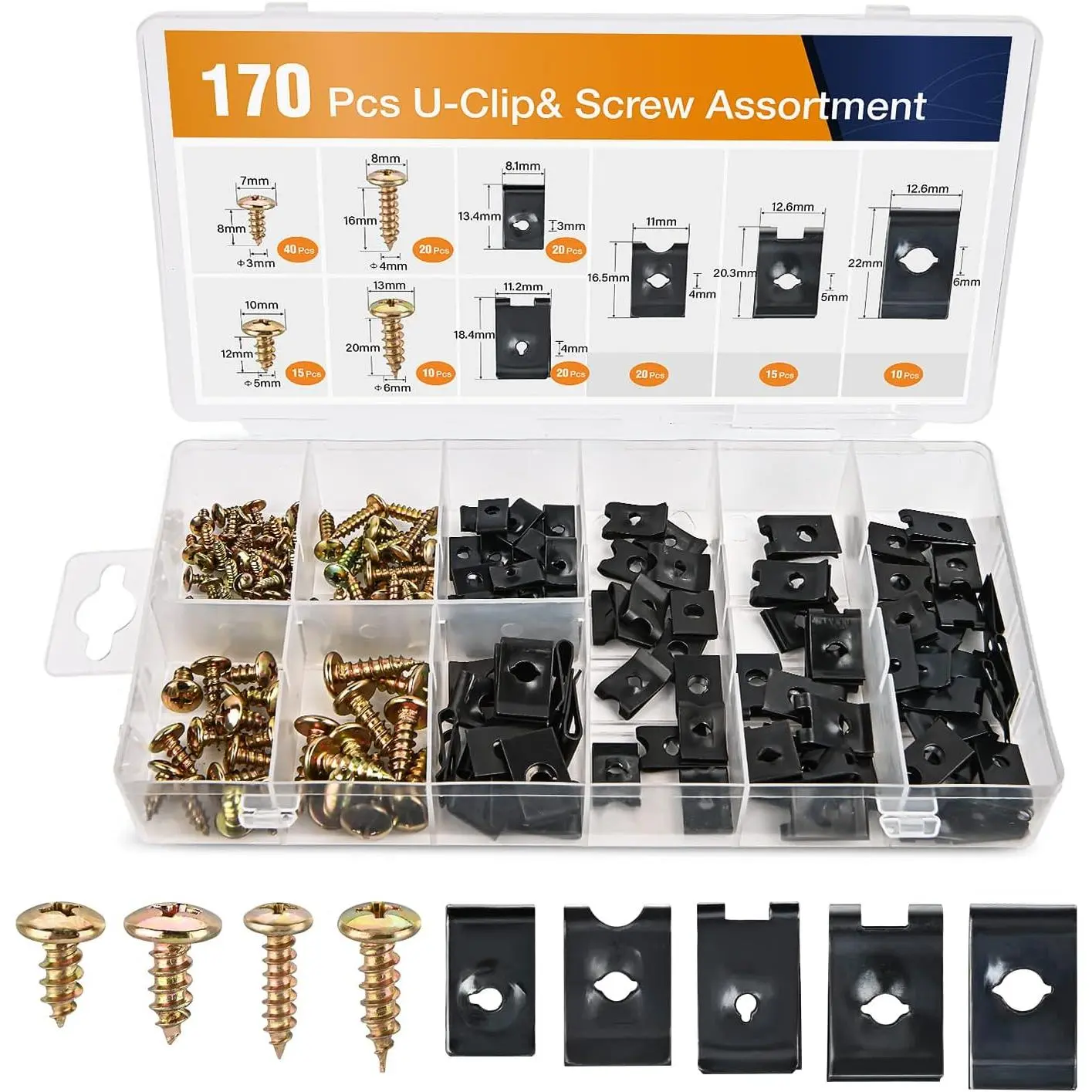 170Pcs Car U-Clip and Screw Assortment Kit 9 Different Sizes Automotive U Nut and Screw Clip Parts for Dash Door Panel