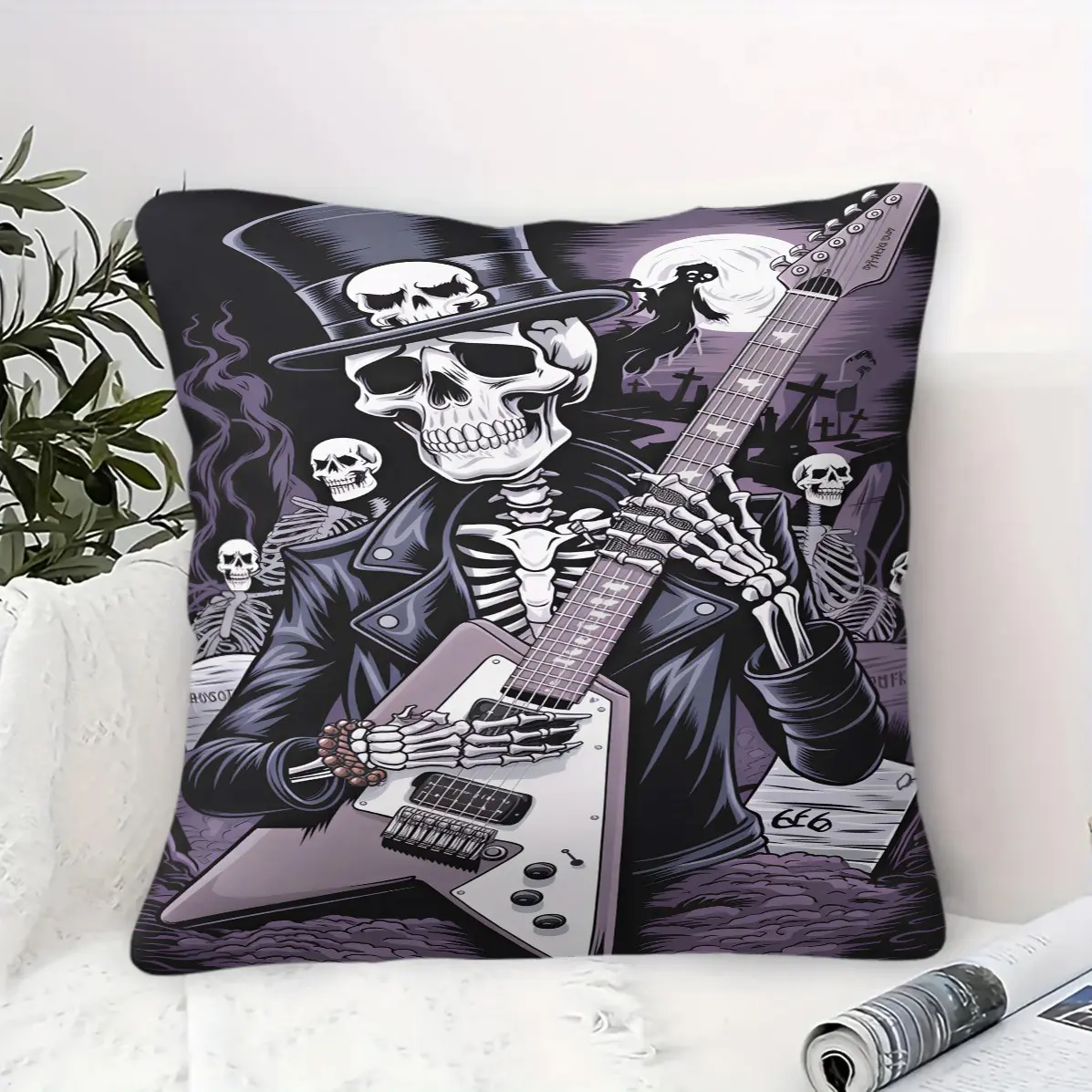 45x45cm1Pc Day Of The Dead Art Throw Pillow, Crown Skeleton Black Cat Cemetery Guitar Print, Unique Indoor Holiday Decor Cushion With Insert