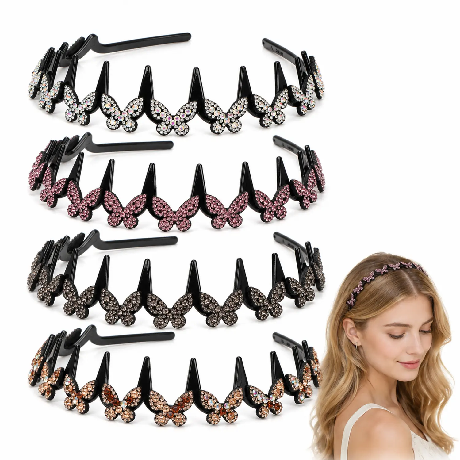 Headbands for Women, 4-Piece Elegant Butterfly Wavy Crystal Headband, Lightweight & Non-Slip Girly Wave Rhinestone Headbands for Daily Party, Fashion Hair Accessories