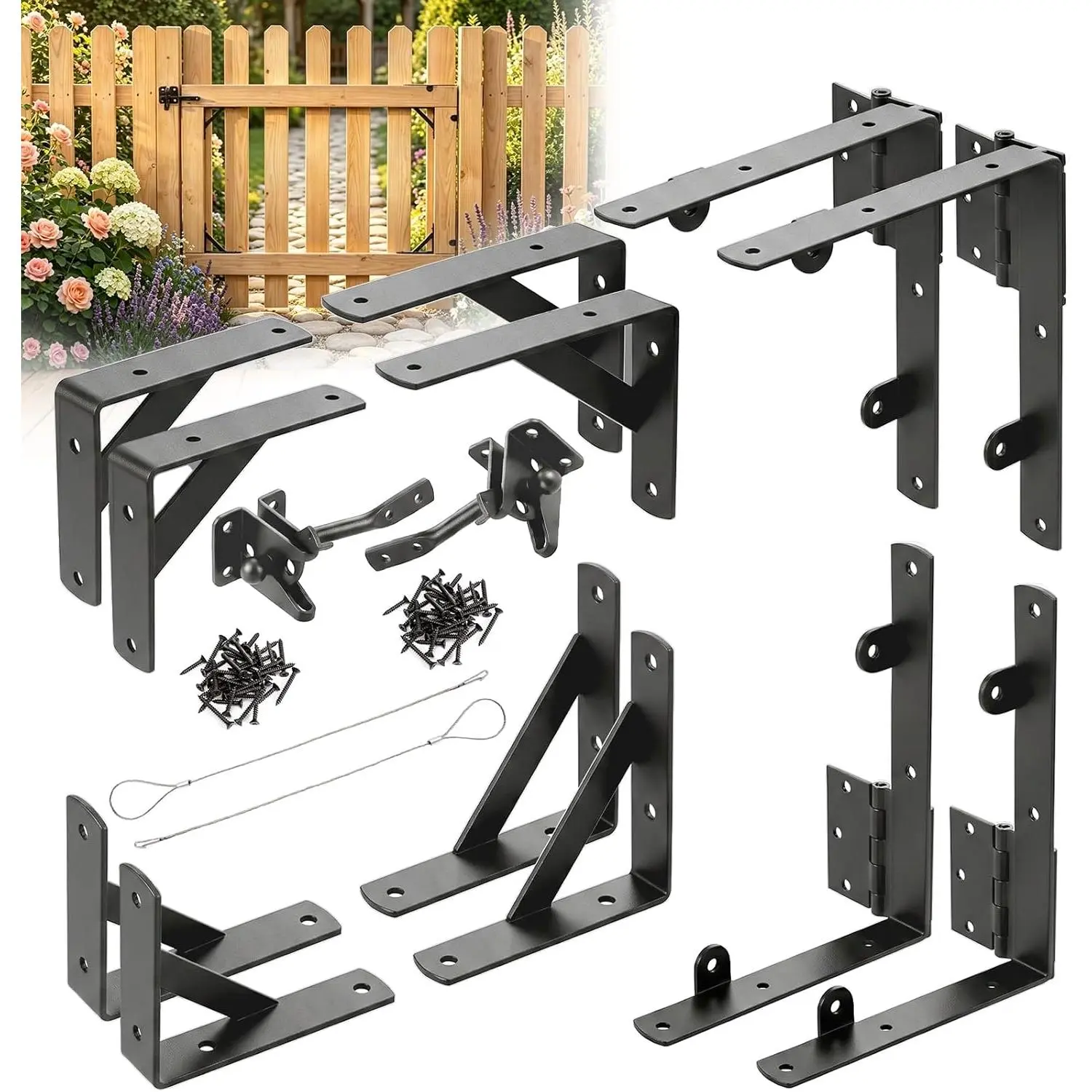 2 Sets Anti Sag Gate Kit for Wooden Fence, Heavy Duty Gate Hardware with Corner Brace Brackets, Welded Hinges and Self-Locking Gate Latch,  No Sag Fence Gate Kit