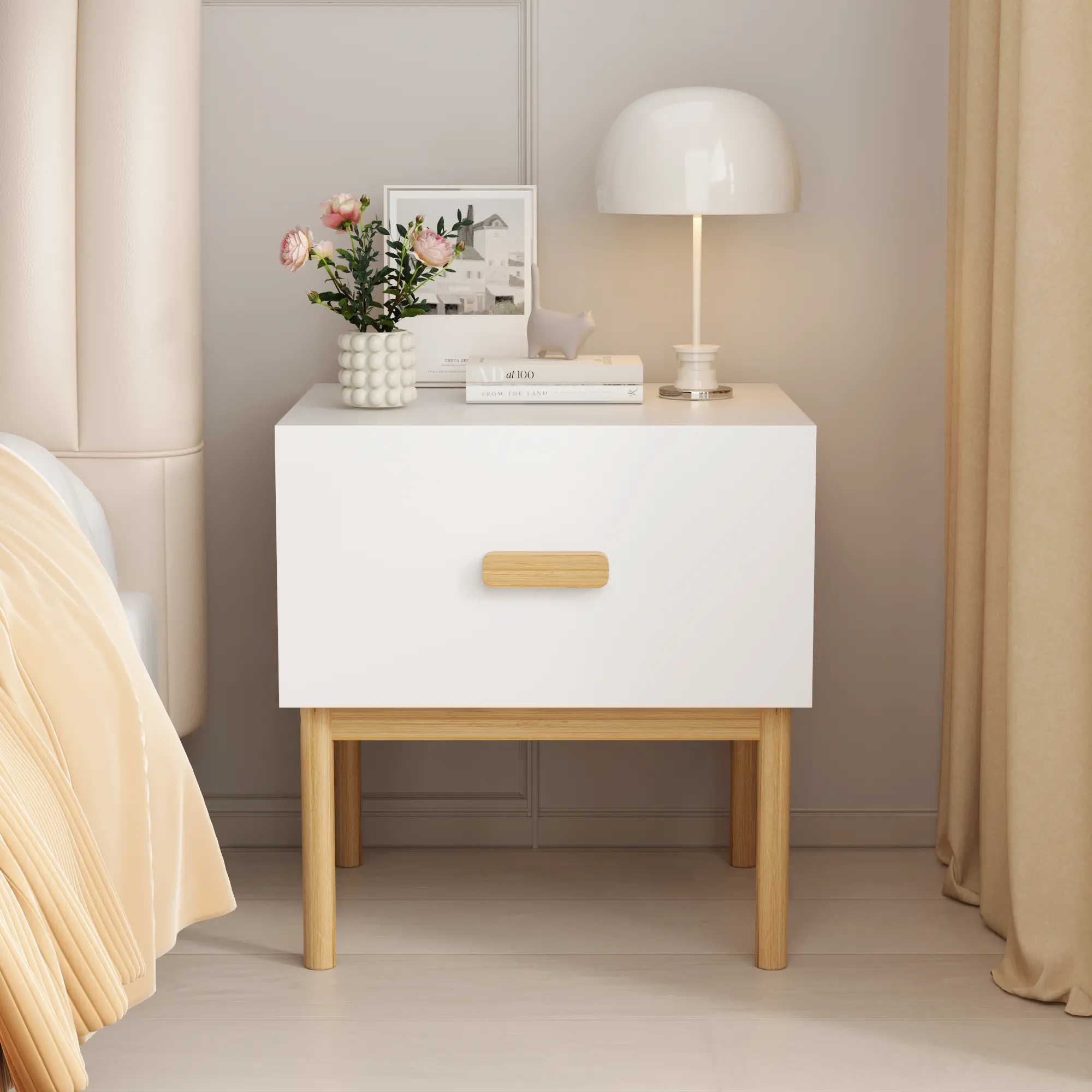 ARCH Modern White Nightstand with Drawer and Wood Legs, Minimalist Bedside Table for Bedroom, Living Room, Apartment, MDF & Solid Pine Construction, 15.75x18.50x19.69 Inches, Single Drawer Storage Cabinet, White Color Options, Engineered Wood Materia
