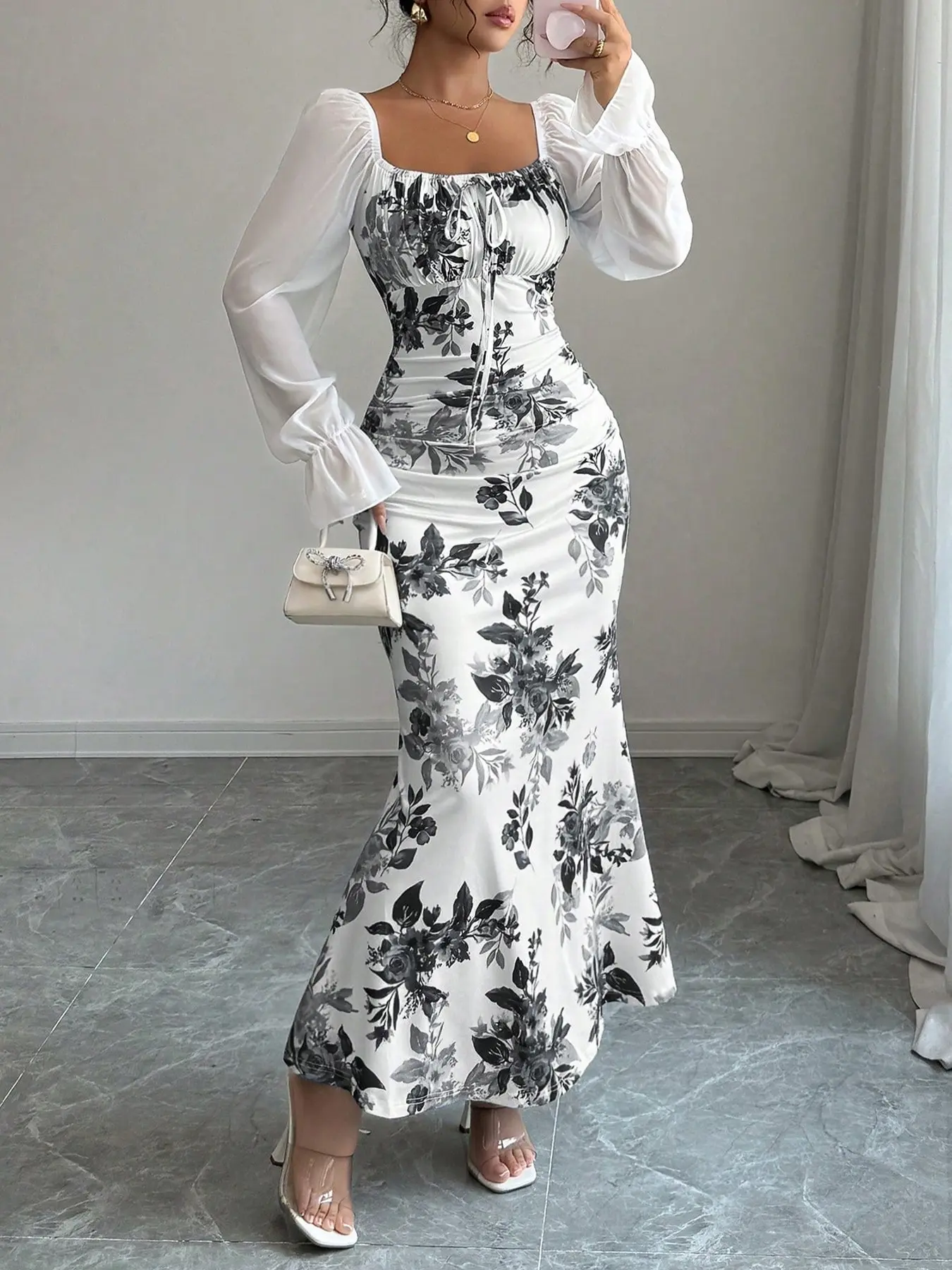 Square Neck Bow Chiffon Dress, Long Sleeve Fitted Elegant Design, All over Print, Slimming Waist, Perfect for All Seasons