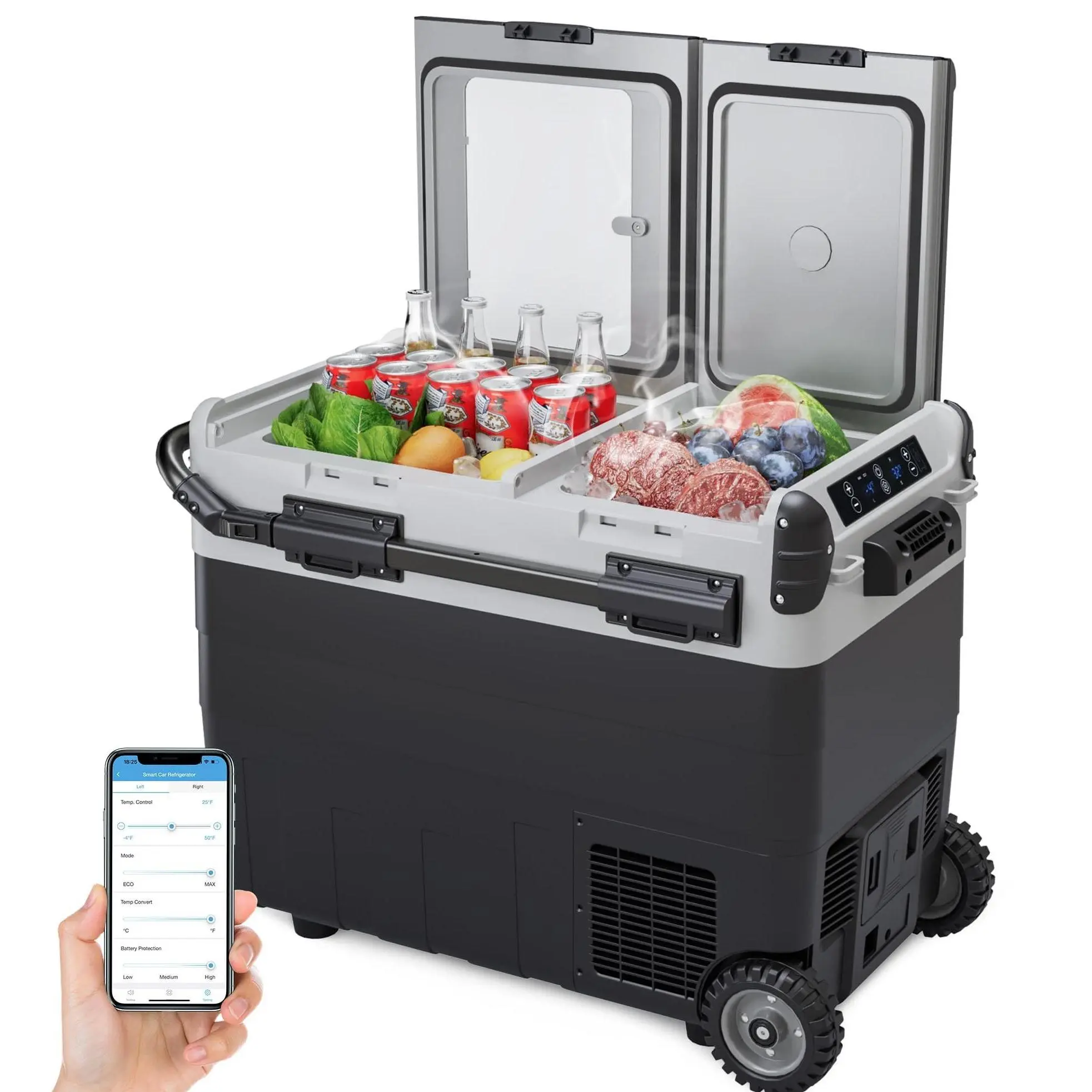 Garvee Dual Zone 12V Portable Car Refrigerator Freezer, Available in 40L/50L/53QT Sizes, Adjustable Temperature Range -4°F to 68°F, Fast Cooling Compressor, Wireless Remote Control & Built-In Charging Panel, Wheeled Portable Electric Cooler