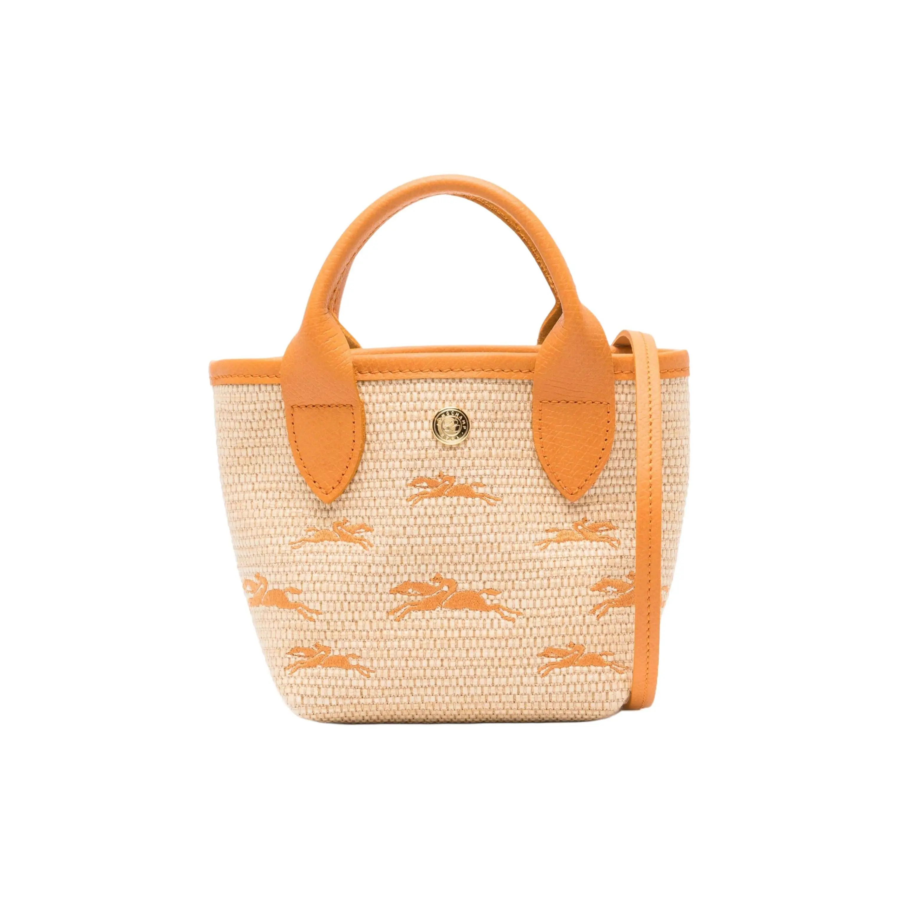Longchamp Le Panier Folding Handbag for Women – Straw-Textured Canvas, Detachable Strap, Mini Crossbody Bag in Apricot