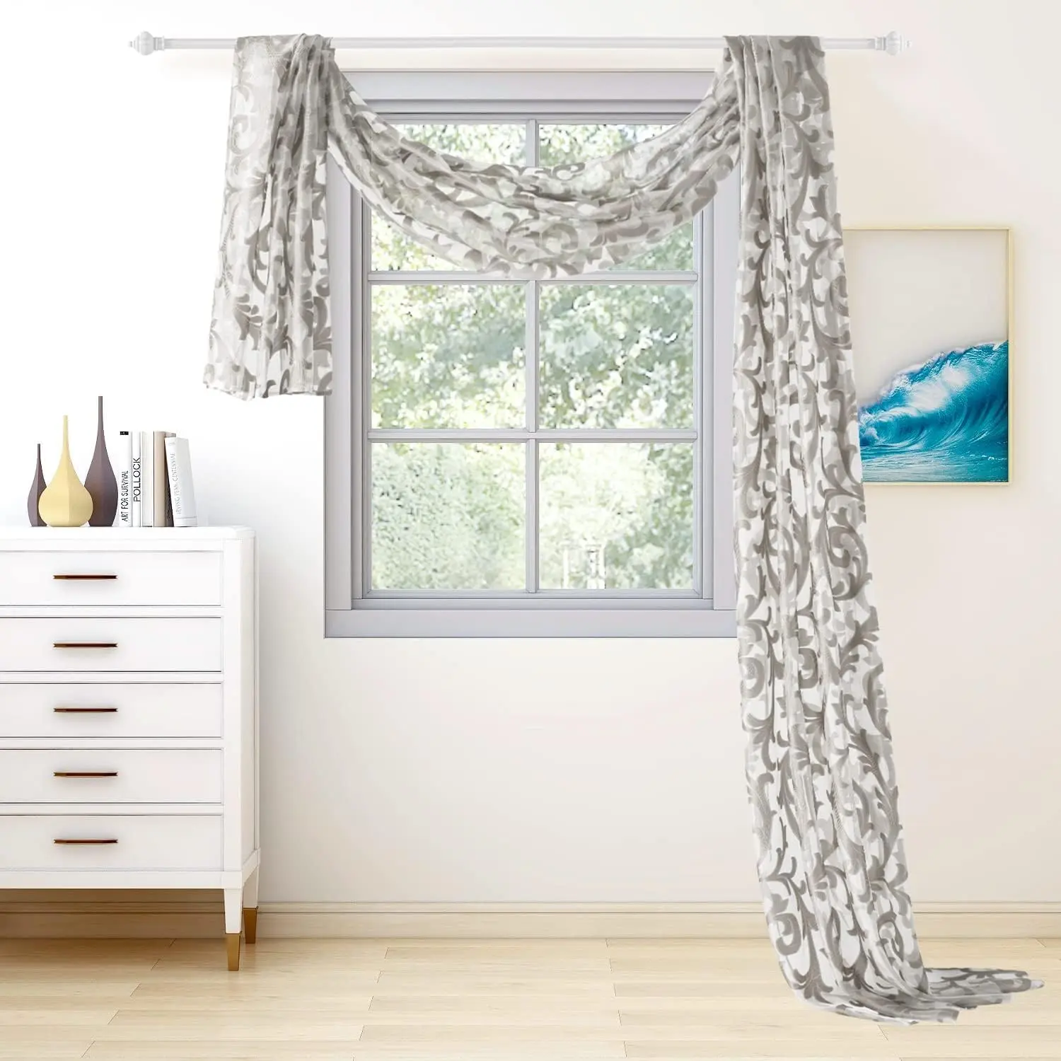 Light Grey White Scarf Valance European Style Jacquard Window Scarf Decorative Sheer Curtain for Wedding Arch, Bed Canopy Curtain Drape, Headboard, Gazebo, 1 Panel