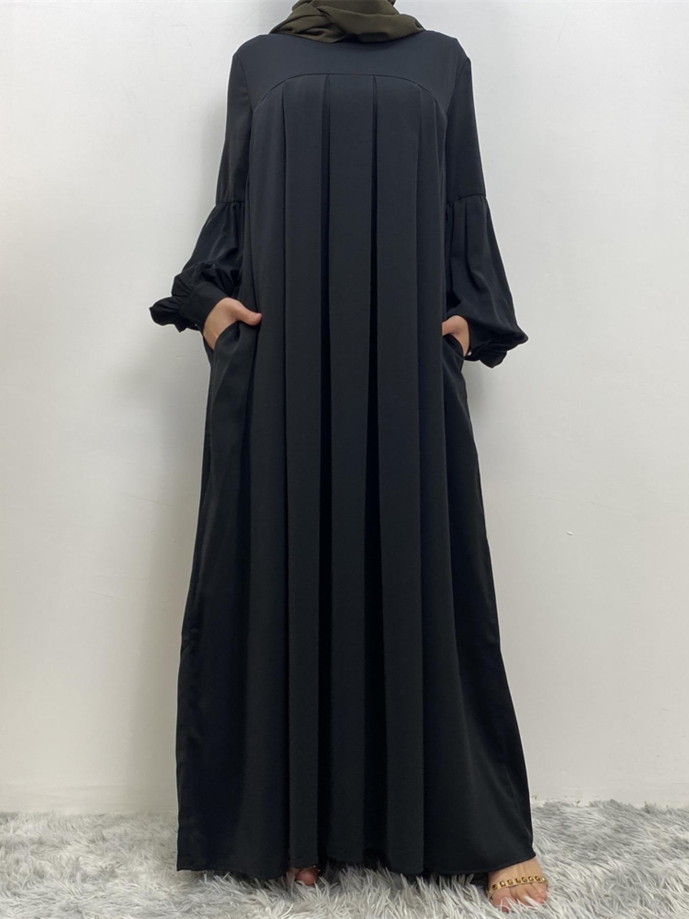 Women's Solid Lantern Sleeve Arabian Dress Without Hijab, Casual Long Sleeve Pleated Dress, Ladies Spring & Fall Clothes For Daily Wear, Summer Outfits 2024, Muslim Women Gowns