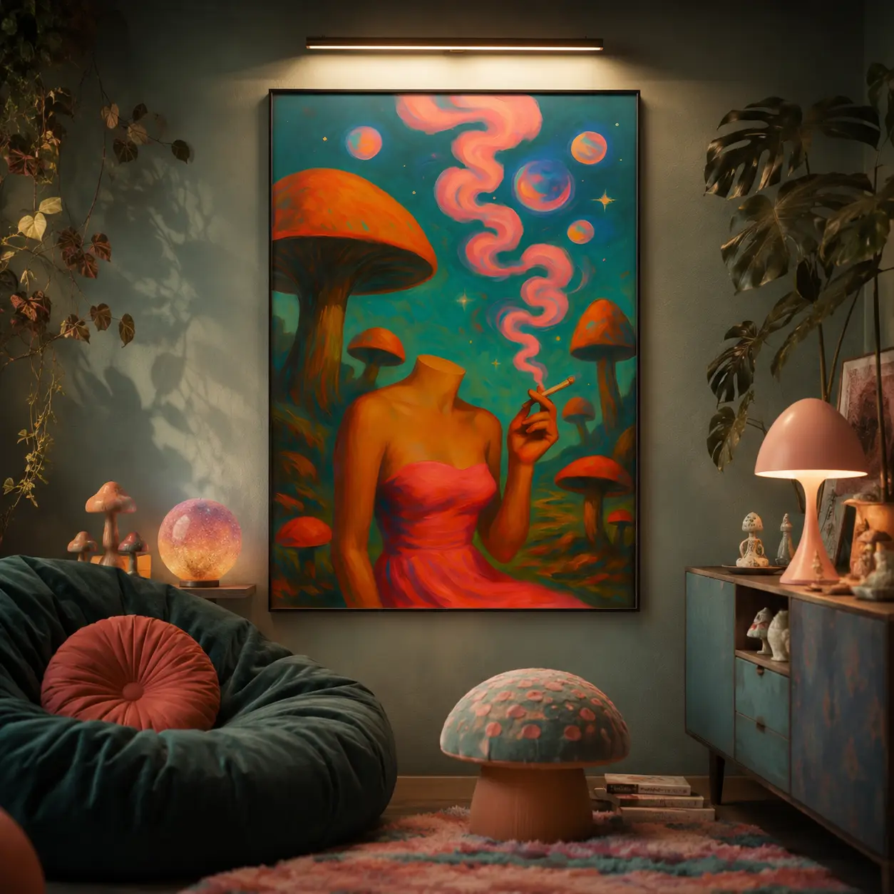 70s Art Vintage Surreal Poster Wall Art Egoless Abstract Aesthetic Room Decor Retro Mu.sh.room Moon Woman Poster Prints Wall Decor Picture Living Room Bedroom Bathroom No Frame Multi Size Psychedelic Wall Art, Trippy Room Decor, Boho Retro Poster