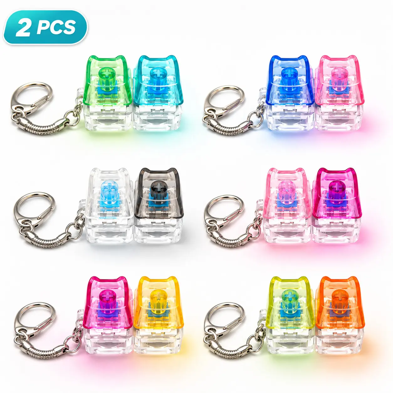 2 PCS Cat Ear Keyboard Fidget Toys with LED Lights, Transparent Dual-Key Clicker Keychains with Satisfying Click Sound, Portable Stress Relief Desk Toys for Adults, Gifts for Office, Home and Travel