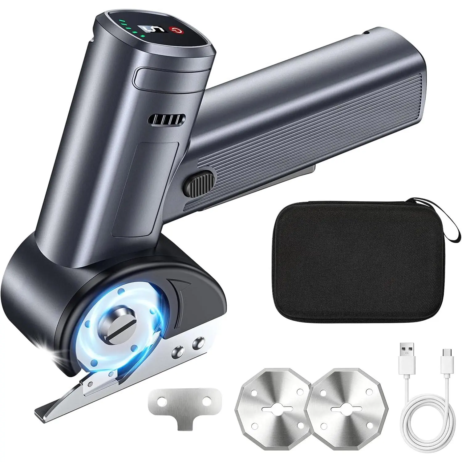Cordless Rechargeable Electric Scissors with Smart Battery Display, 5-Speed Adjustable Power Shears, Storage Case & 2 Extra Replacement Blades, Portable Cutting Tool for Cardboard, Fabric, Leather, Plastic & DIY Crafts