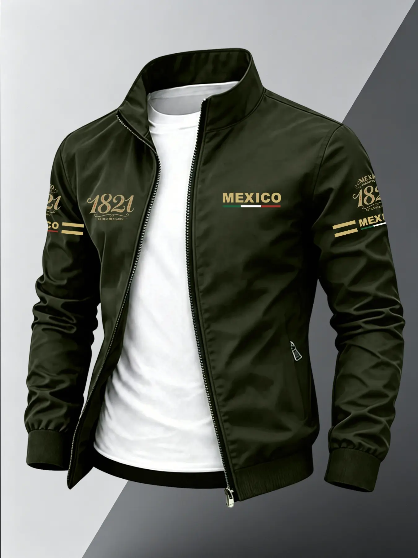 Men's Spring Fall Bestselling Stand Collar Zipper Baseball Jacket, Mexico Flag Cultural Print, Daily Commute, Outdoor Windproof, Streetwear, Casual Fitted Jackets