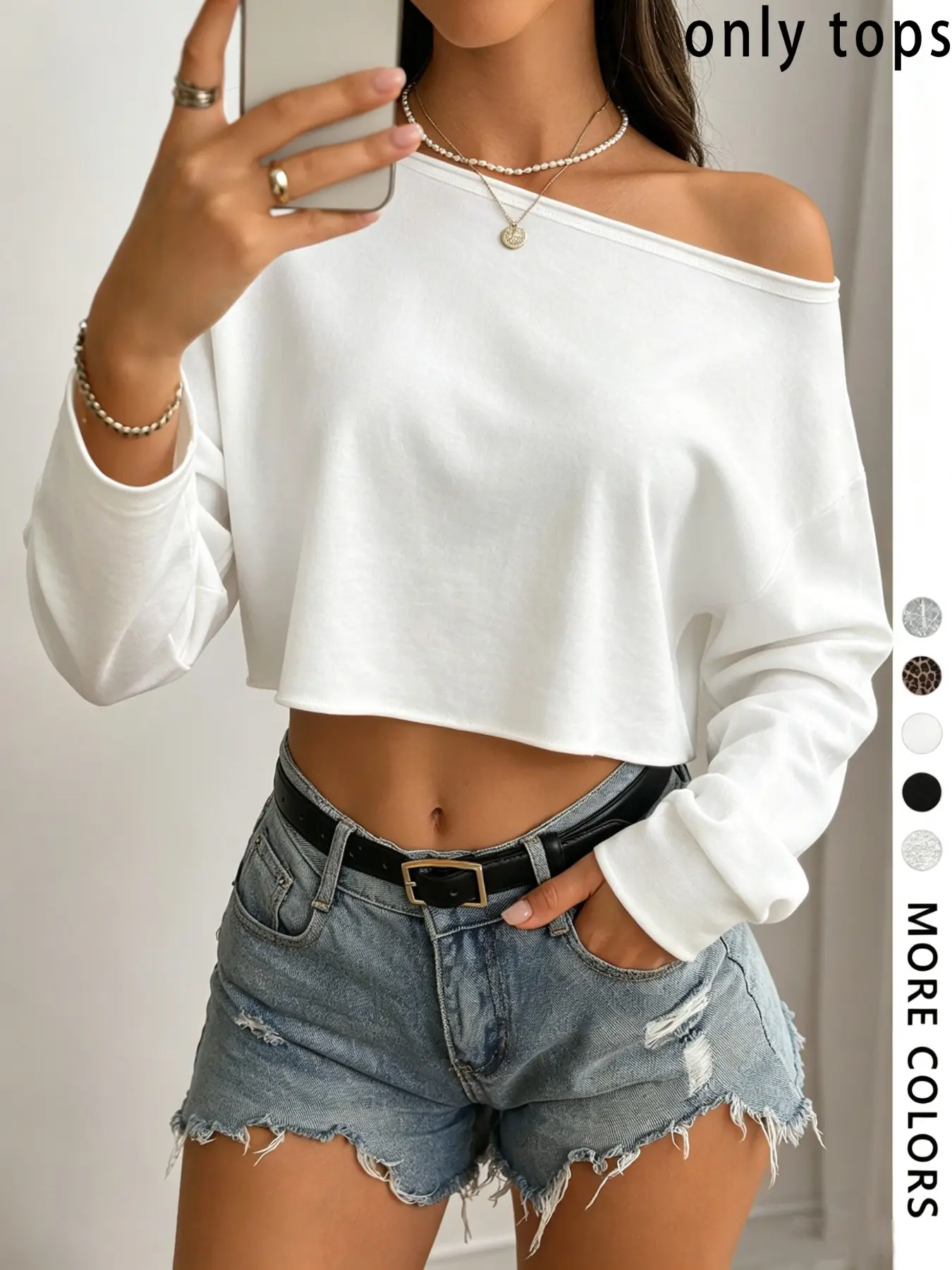 TikTok Viral Women Off Shoulder Cropped Sweatshirt, Oversized Slant Neck Long Sleeve Crop Top, Soft Rib Cuff Y2K Coquette Casual Streetwear, Loose Navel Pullover For Daily Campus Club, Basic Plain Multi Color Tops For Teen Girls 2026 Hot Baggy Fashion Fit
