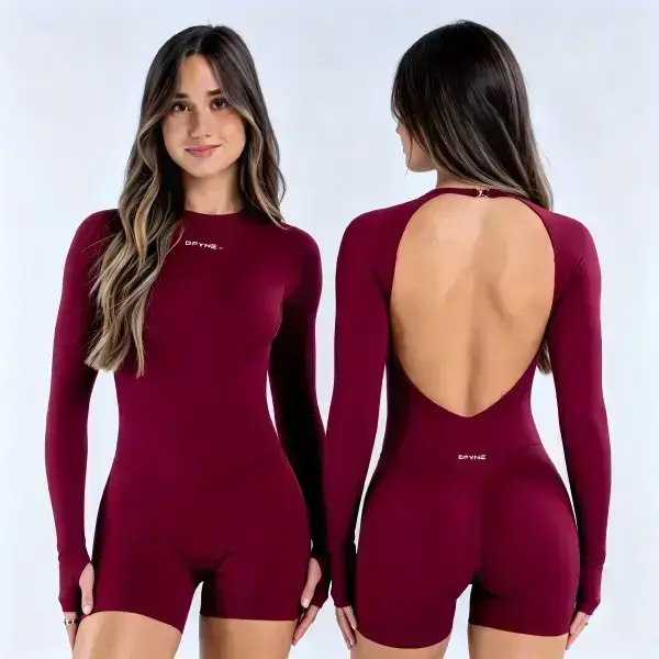 (With Logo) Women's DFYNE Backless Long-Sleeve Slim Fit Shaping Seamless Yoga Bodysuit - Stretchy Tummy Control, Butt Lifting Sportswear Jumpsuit, Stretchy Sports Jumpsuit for Workout Outfits, Pilates, Shaping Jumpsuit