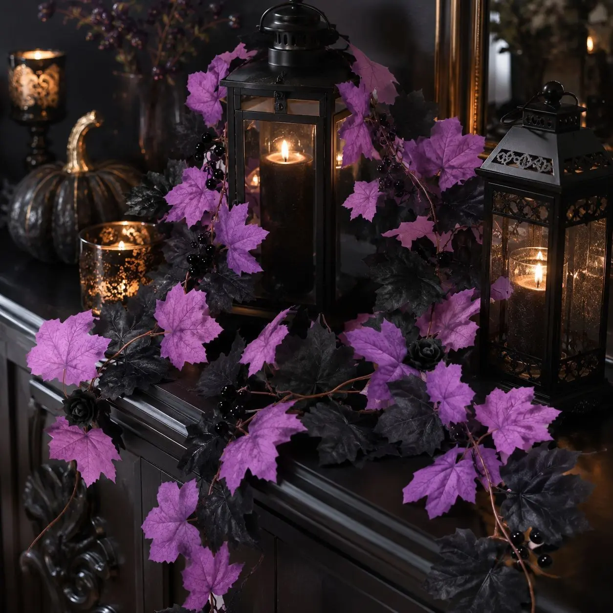 Artificial Halloween Maple Leaf Wreath, Gothic Fall Leaves, Skull Hand, Rose & Berry, Thanksgiving Hanging Vine, Fireplace Decor, Table Accent