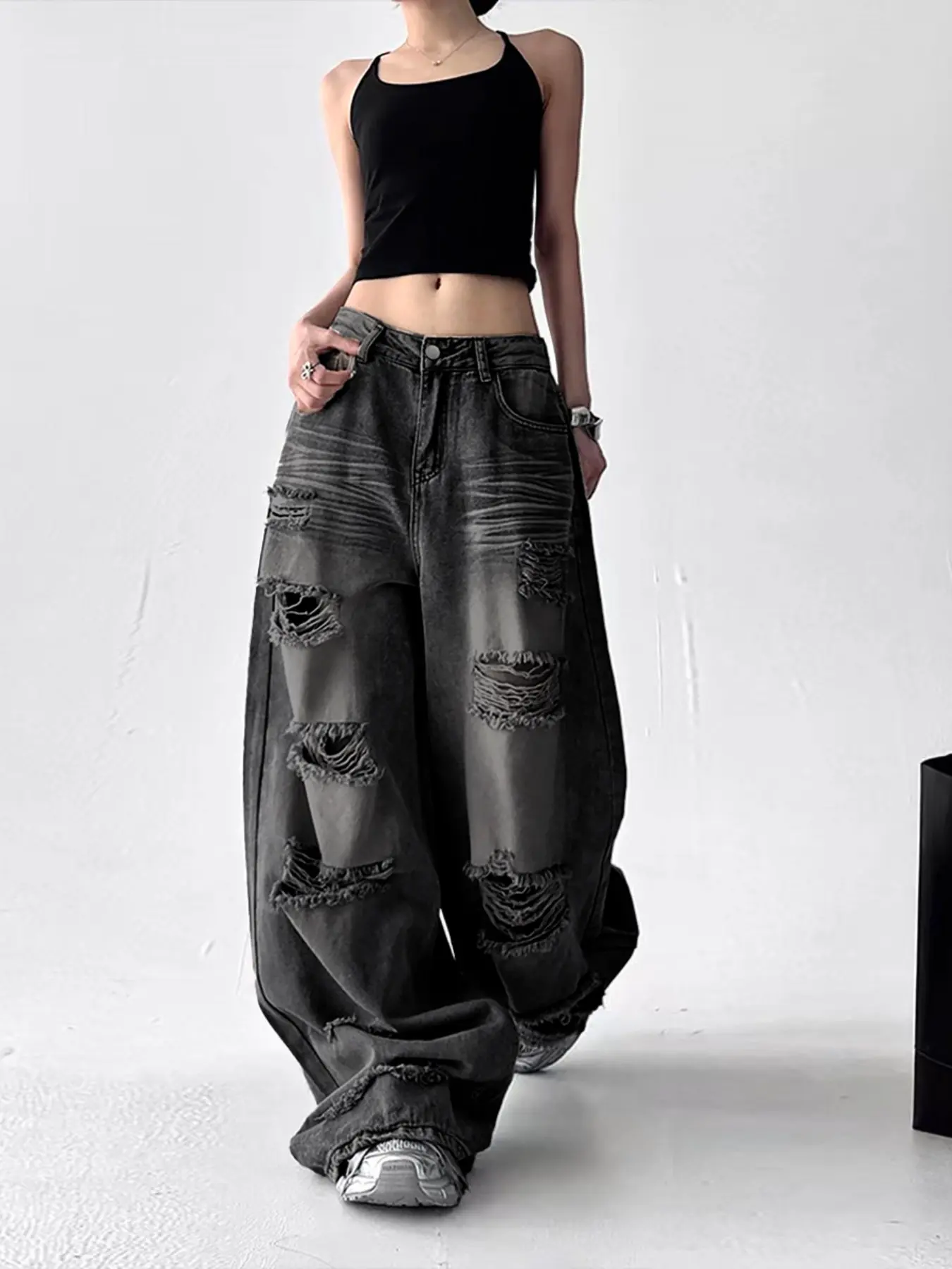 New Trendy Fashion Ripped Edge Denim Loose Oversized Women's Jeans, Vintage Washed Y2K Style, Comfortable Loose Fit Oversize Baggy, Streetwear Long Pants, No Belt Included