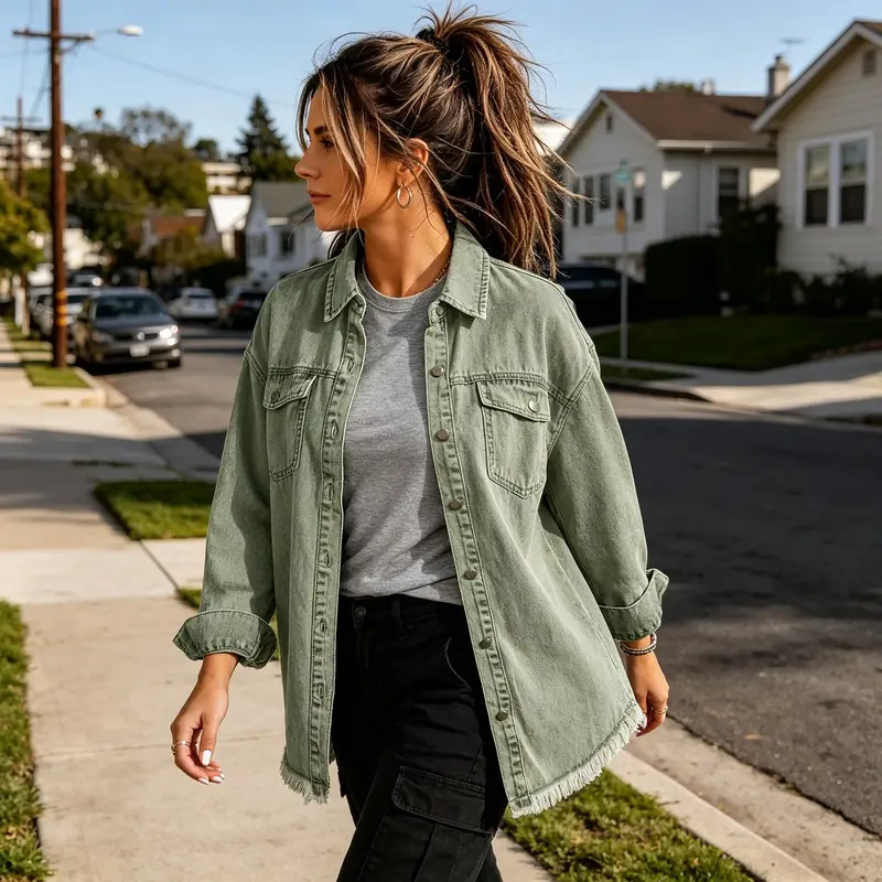 Women's Frayed Hem Jean Denim Jacket - Collared Long Sleeves Casual Fashionable Outerwear, Street Casual Fall & Winter Jackets for Women