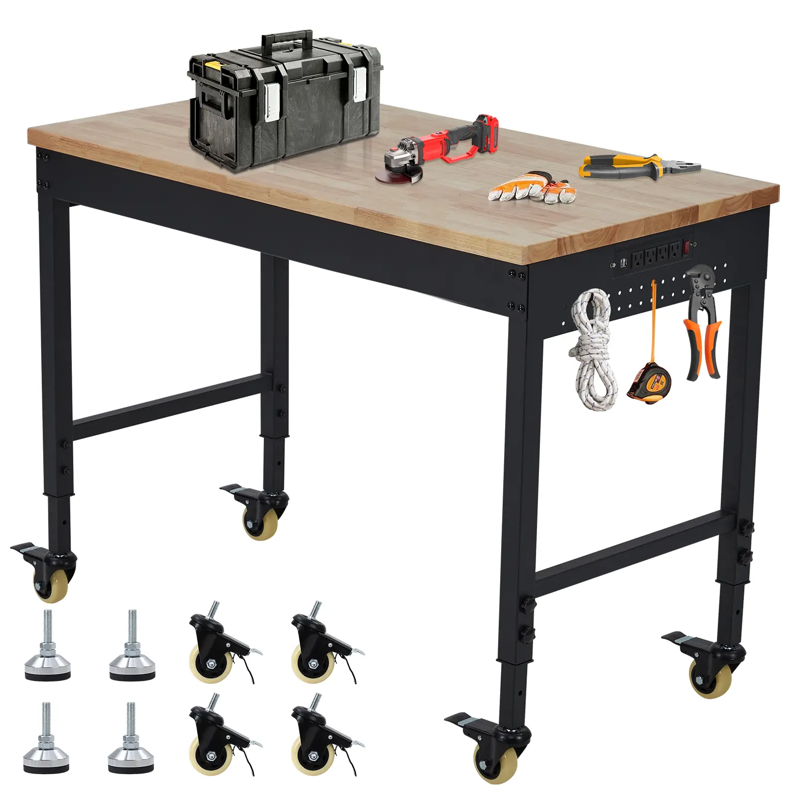72" Garage Workbench – 2000lbs, Adjustable Height 28-40" – Rubberwood Top – Power Strip + LED Light – Heavy Duty Steel – for Workshop/DIY