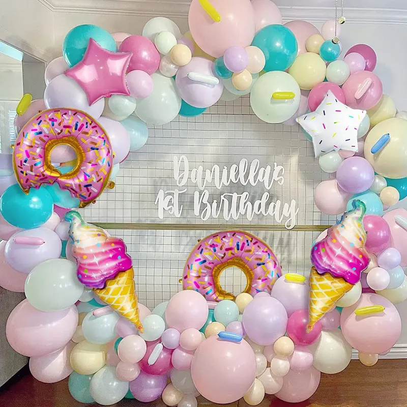 120 Pcs Sweet Birthday Donut Decorations, 28 Inch Donut Foil Balloon Pastel Rainbow Balloon Garland Arch Kit, Kids Ice Cream Candy Rainbow Themed Party Supplies