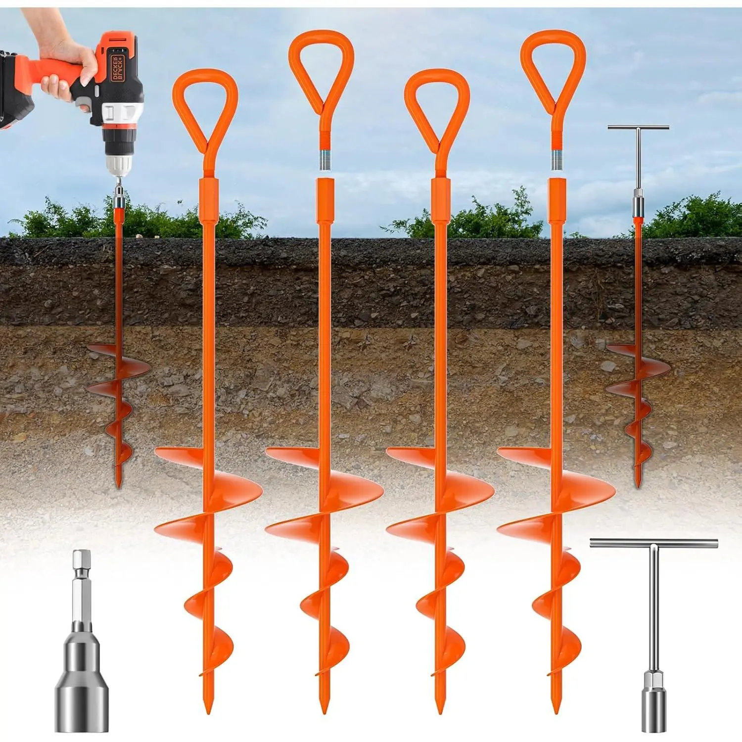 18''/30" Long Ground Anchor, Heavy Duty Earth Anchors Ground Anchors Screw in Kit with T-Handle Hex Wrench for Camping Tent, Swing Sets, Securing Animals, Sheds, Trampoline