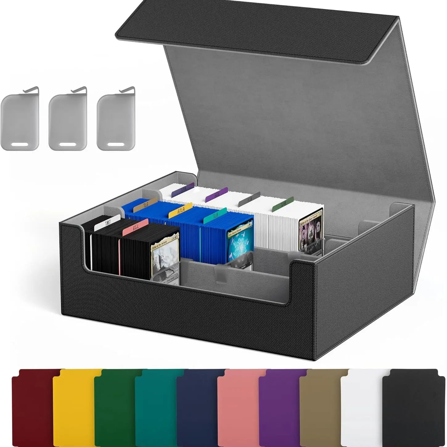Collectible Card Storage Box, Trading Card Storage, 1800+ Cards PU Leather Magnetic Clip Organizer, 10 Dividers & 3 Foam Slots, Ideal for Magic, Sports Cards