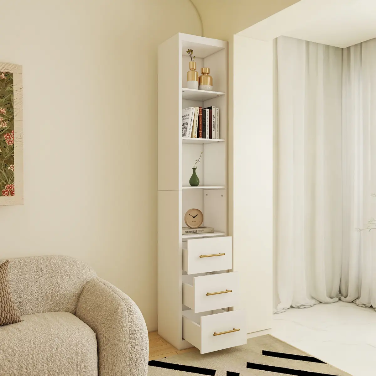15.75x85.04inch White Side Storage Cabinet With Three Drawers for Bedroom, Living Room, Bathroom   WL RR