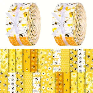 40PCS Cute Bee Precut Fabric Strips, 2.55x19.7 Inch Yellow Honeybee Patterns Quilting Fabric Bundle for DIY Patchwork, Sewing Crafts & Doll Clothes