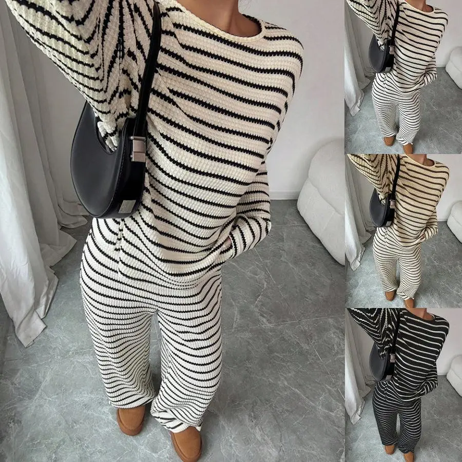 New two-piece set! Casual striped waffle-knit loungewear set—perfect for autumn.