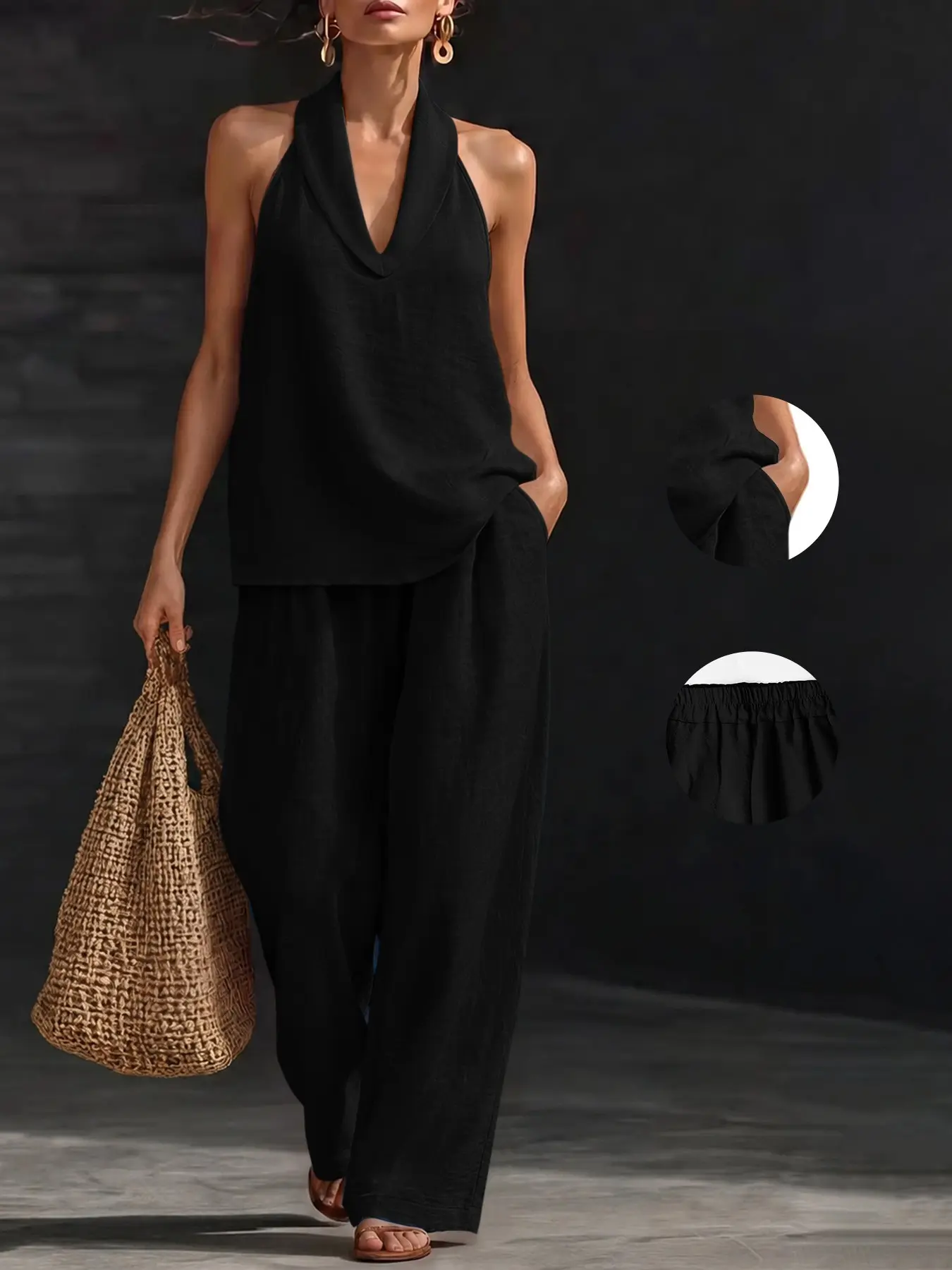Womens Boho Chic Bohemian Two Piece Set Sleeveless Halter Neck Top and Wide Leg Pants Casual Summer Vacation Beach Matching Outfit Resort Wear Clothes