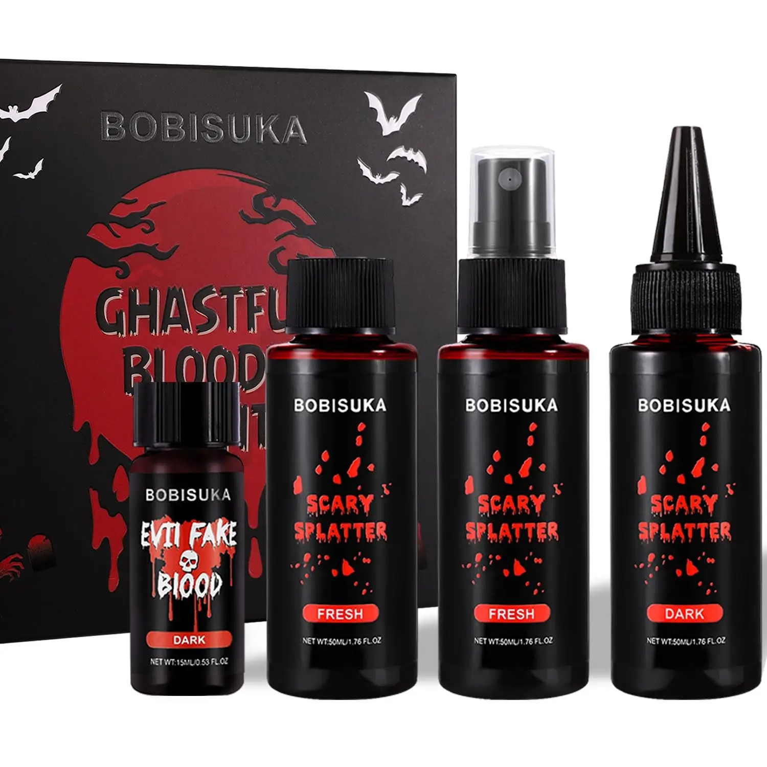 4PCS Halloween Special Effects Fake Blood Makeup Kit - Includes Realistic Coagulated Blood Gel, Fake Blood Spray, Dripping Blood, Stage Blood, for Zombie Vampire Cosplay Party Mouth ClothesGift